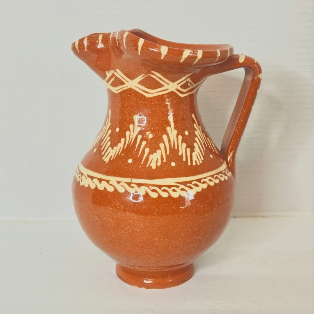 Portuguese Pottery Terracotta Glazed Clay Pitcher with Handle